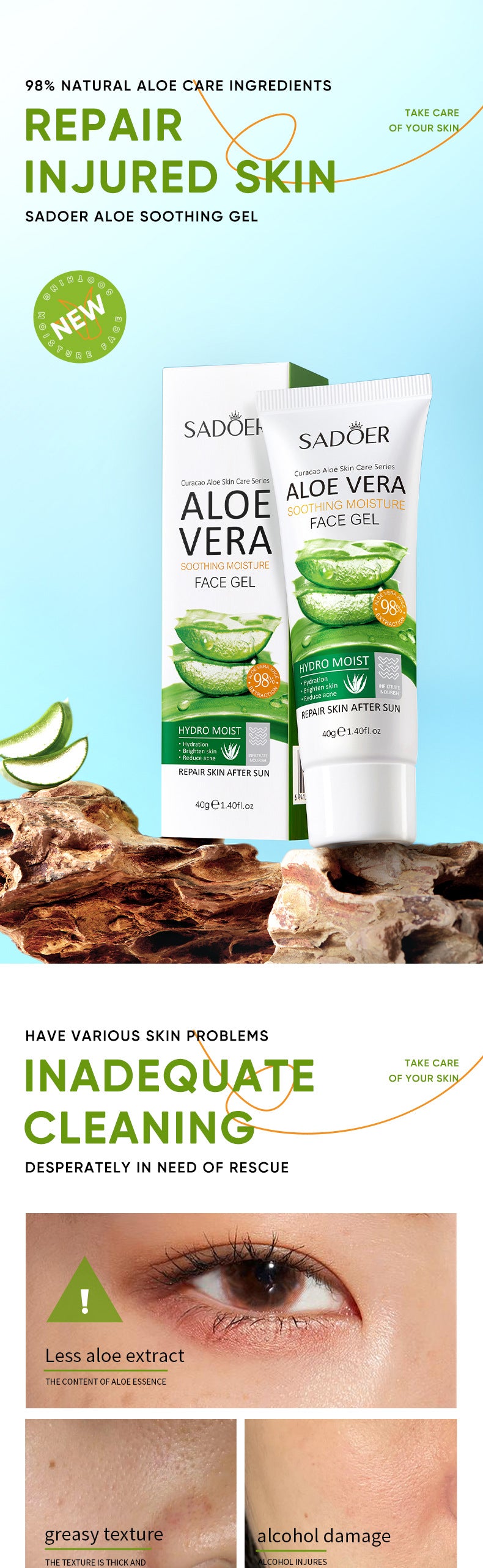 Aloe Vera Gel Aloe Vera Gel300g Large Capacity Hydrating Moisturizing Nourishing Cross-Border Foreign Trade Live Wholesale