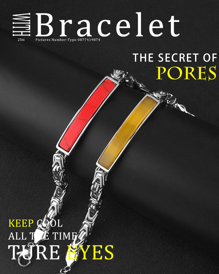 European and American Fashion Personality Stainless Steel Imitation Red Turquoise Bracelet Steel Color Non-Fading Titanium Steel Jewelry Wholesale