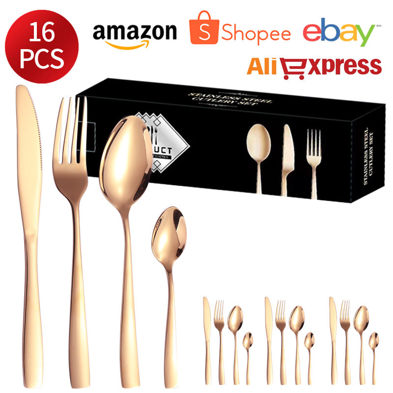 410Stainless Steel Tableware24Set of Hotel Western Dining Square Handle Steak Knife, Fork, Spoon, Tea Spoon