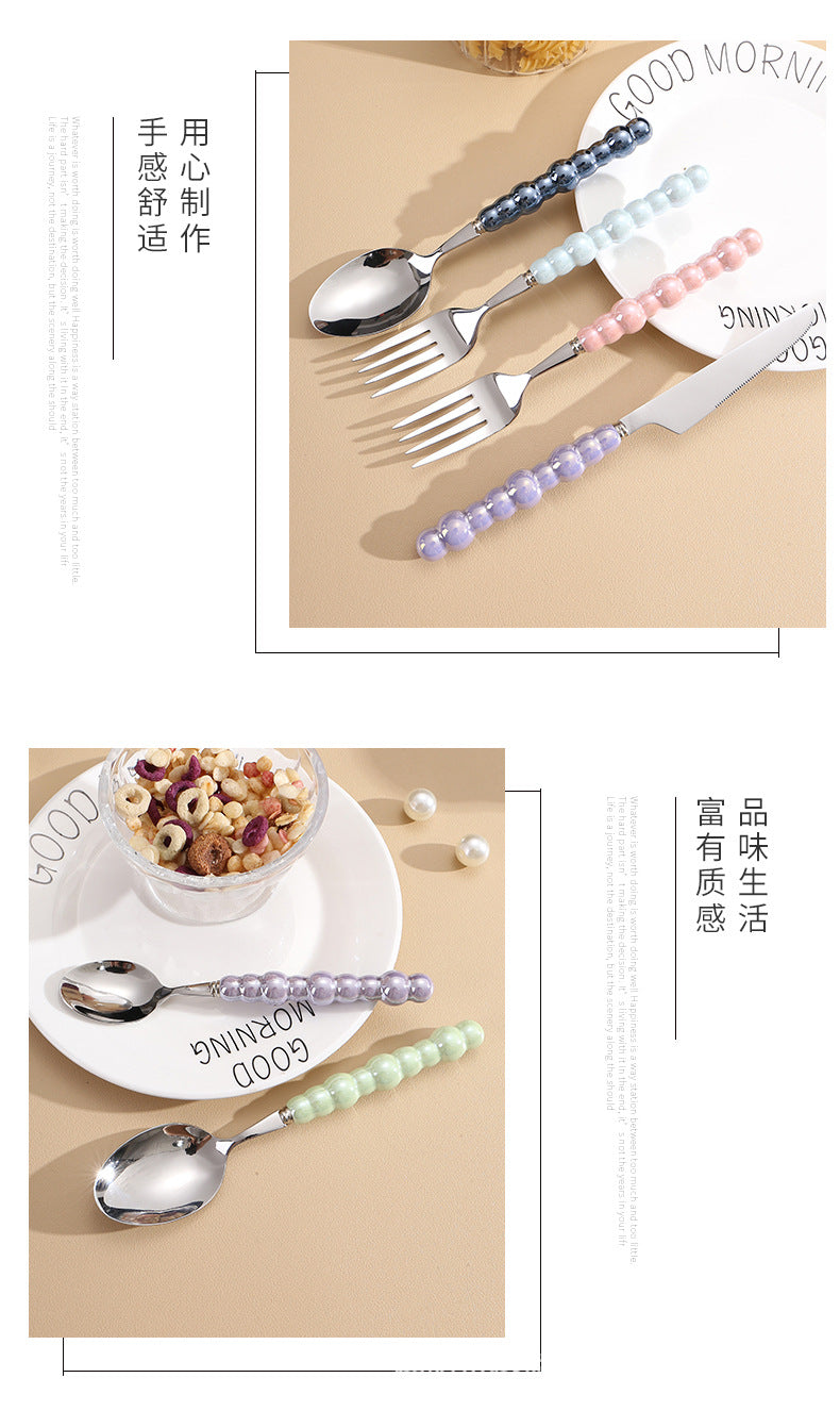 Pearl Ceramic Handle Knife European Style Set Light Luxury Nordic Style304Stainless Steel Western Cutlery Knife Fork Spoon INS