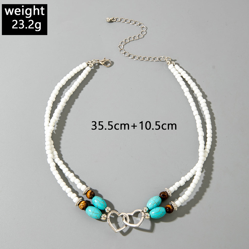 Wholesale Bohemian Vacation Style Rice Bead Turquoise Jewelry Set Metal Heart Jewelry