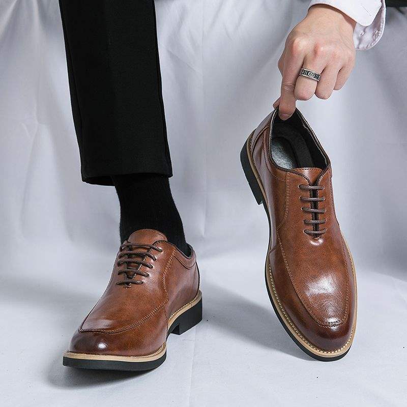 Men's Leather Shoes New Business Formal Casual British Style Breathable Brown Korean Trend Height Increasing Pointed Toe Groom Wedding
