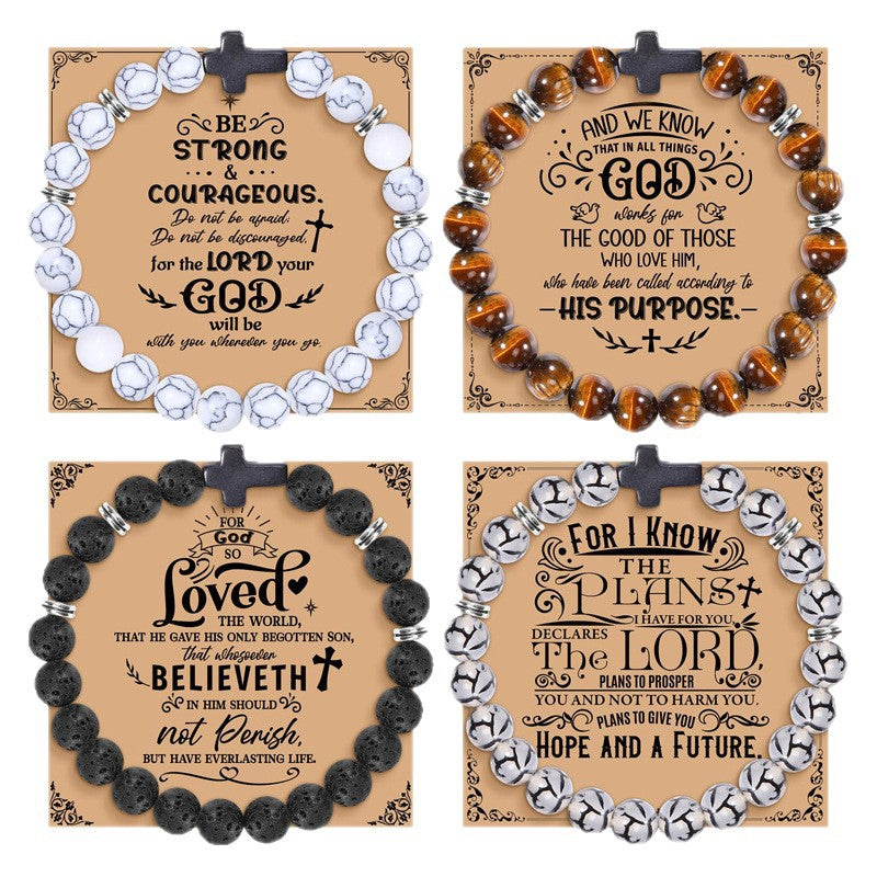 Dragon Pattern Stone Bracelet8mm Beaded Cross Gift Bracelet Natural Tiger Eye Volcanic Stone Faith Cross Bracelet