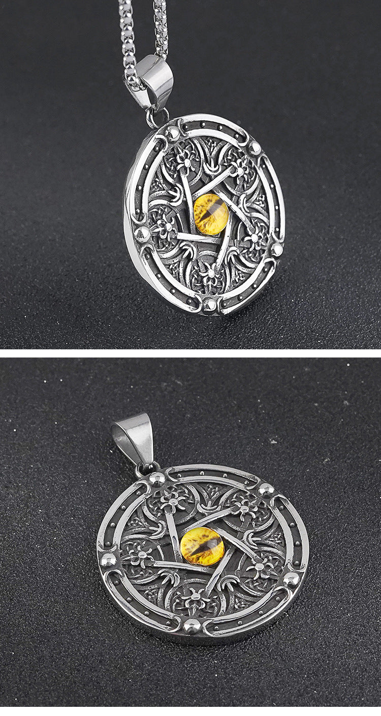 Vintage Stainless Steel Men's Pendant Personality Round Pentagram Demon Eye Titanium Steel Necklace Wholesale