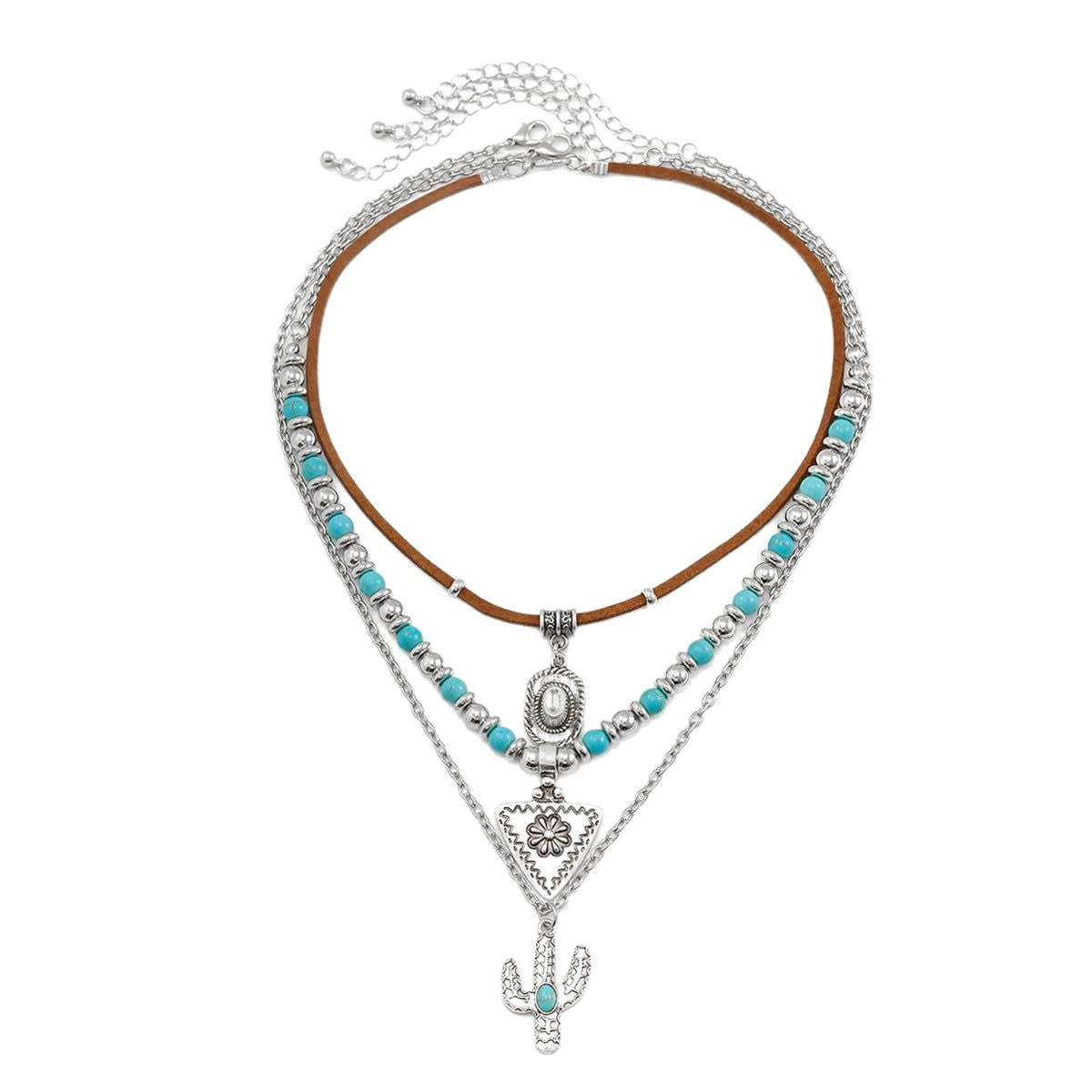 Western Cowboy Turquoise Necklace European and American Layered Necklace Set Cactus Boots Pendant Ethnic Style Retro Necklace