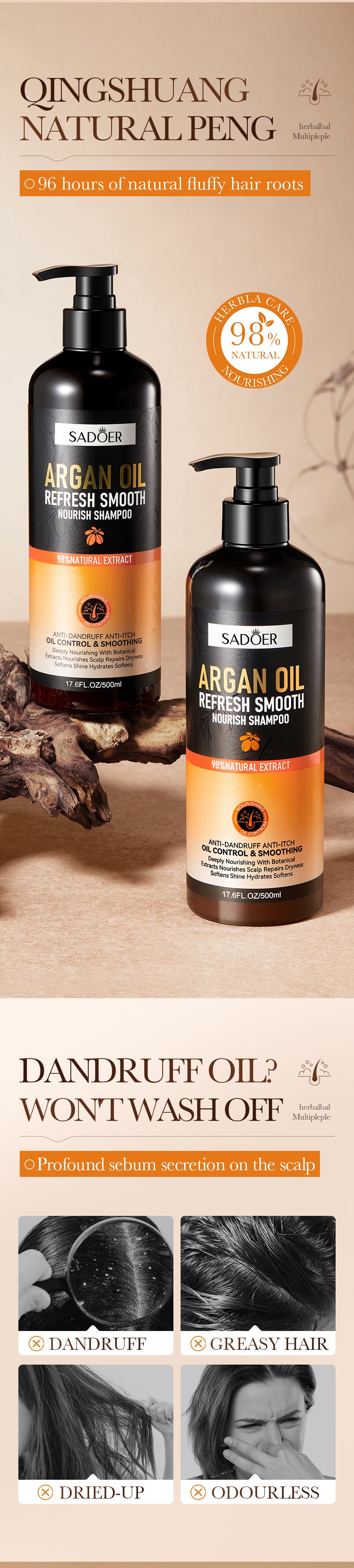 Argan Oil Shampoo500ml SADOER Smooth Anti-Dandruff Refreshing Conditioner Cross-Border Wholesale