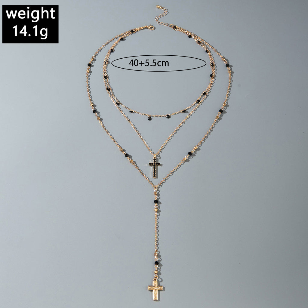European and American Fashion Sense y Women's Tassel Necklace Creative Personality Double Layer Cross Pendant Collarbone Chain Necklace