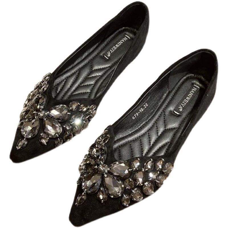 European and American Style2025Spring Summer New Women's Shoes Suede Fashion Shallow Mouth Pointed Toe Hidden Wedge Flat Heel Flat Shoes