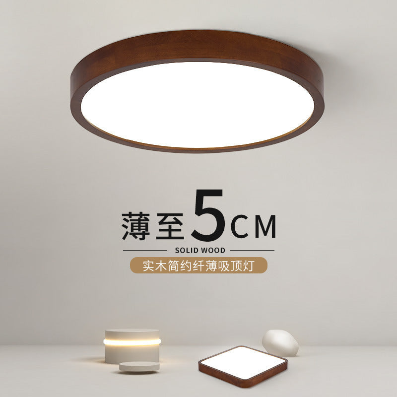 New Chinese Style Ceiling Light for Bedroom, Round Modern Simple Walnut Color Solid Wood Nordic Room LED Lamp