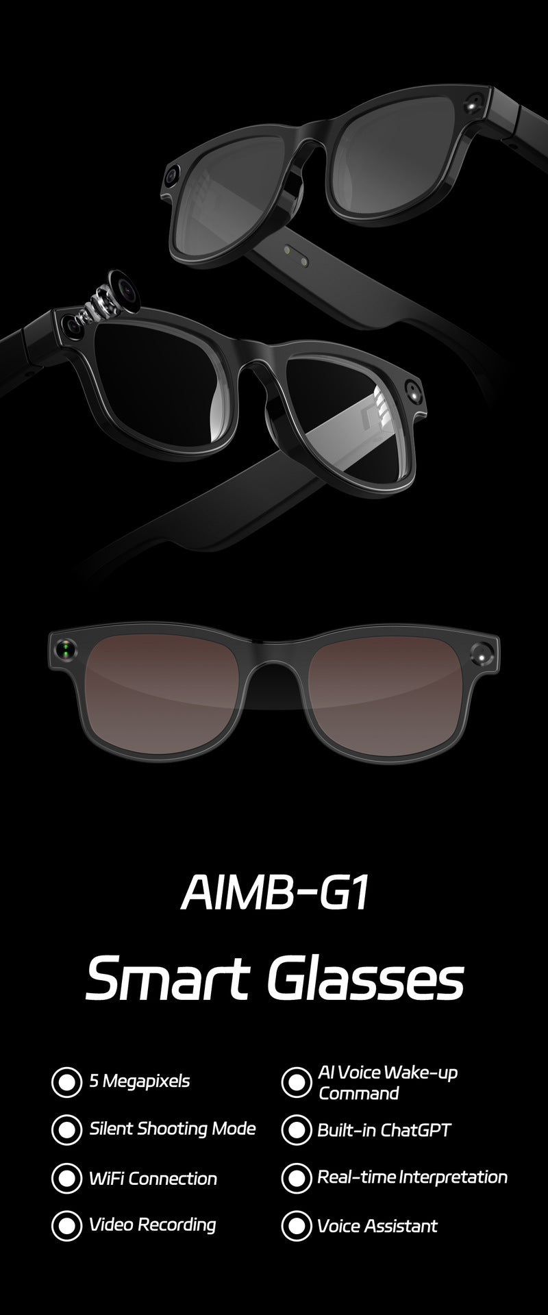AIMB-G1Smart Glasses800100 Megapixel Camera Ai Simultaneous Translation Recognition1200P Video Recording Audio Recording