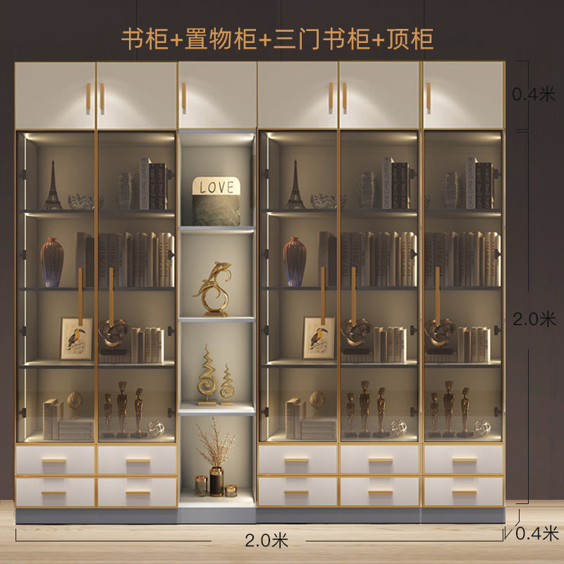 Modern Light Luxury Bookshelf Paint-Free Board Aluminum Alloy Glass Door Combination Bookshelf Wine Cabinet Simple Floor Storage Cabinet Integrated
