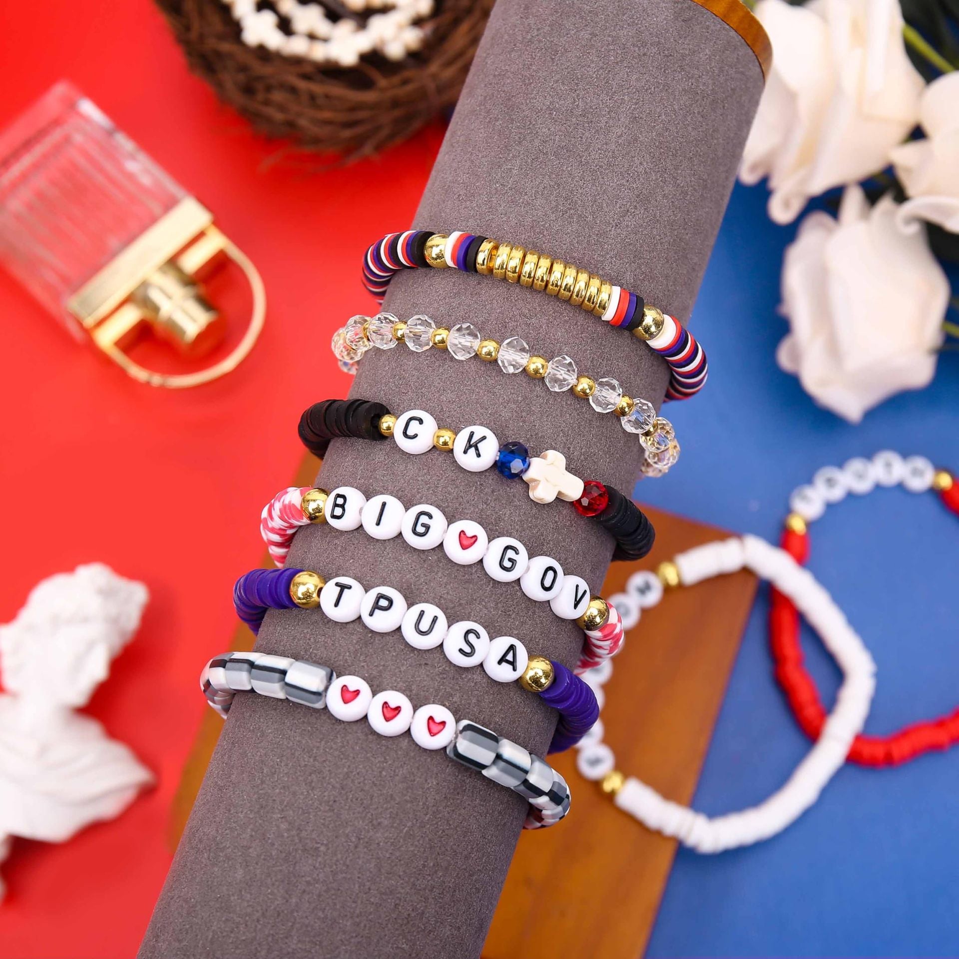 Cross Soft Clay Bracelet gold Spacer Bead Elastic Cord Bracelet Men's Gift FREEDOM Alphabet Soft Clay Bracelet