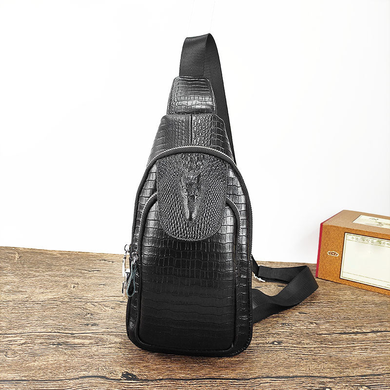 Fingerprint Lock Bag Men's Travel Sports Crossbody Bag Top Layer Cowhide Crocodile Pattern Security Password Lock Genuine Leather Chest Bag