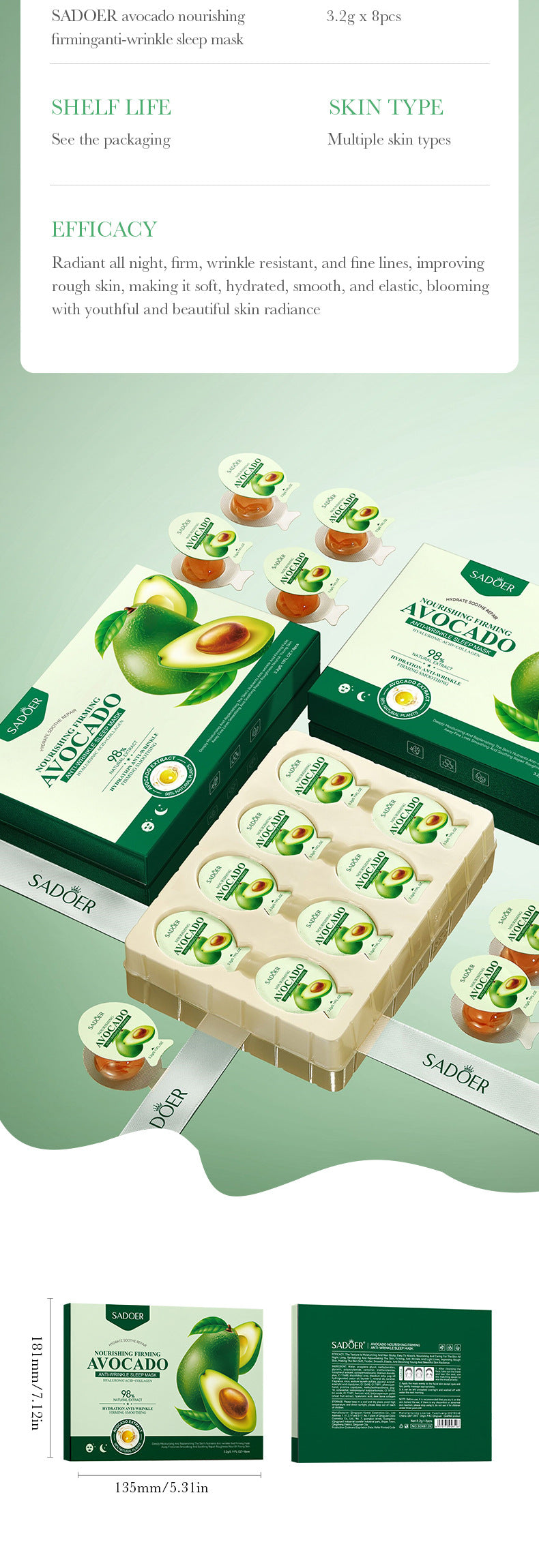 Sleep Mask SADOER Avocado Portable Smear-On Nourishing Anti-Wrinkle Freeze Mask Cross-Border Foreign Trade Wholesale