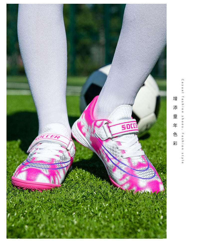 New Football Shoes for Men and Women, Children's Low-top Anti-collision Spike Magic Tape No-tie Grass Training Sports Shoes