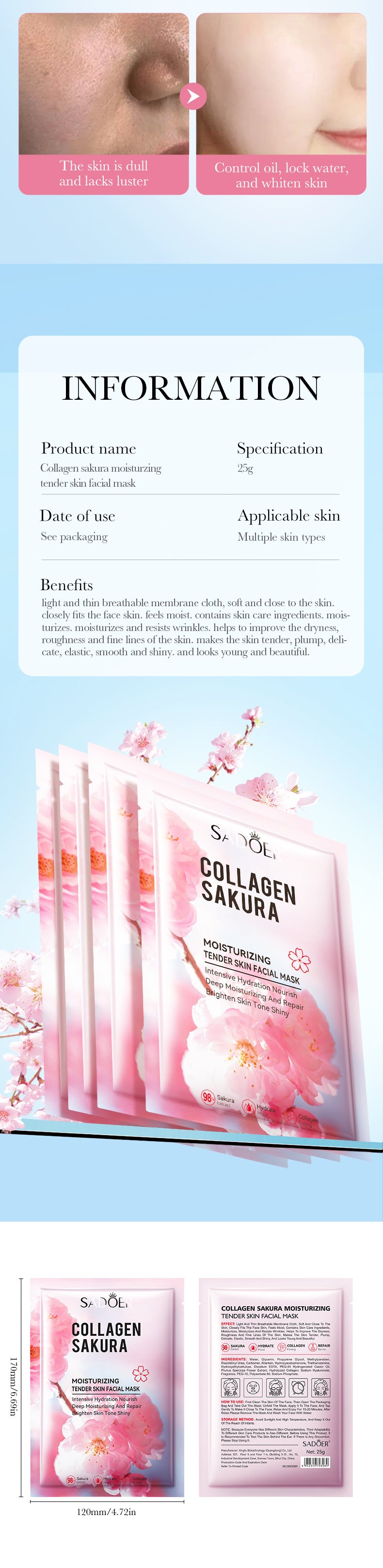 Sakura Facial Mask Sheet Pack SADOER Collagen Moisturizing Rejuvenating Nourishing Face Mask Cross-Border Wholesale