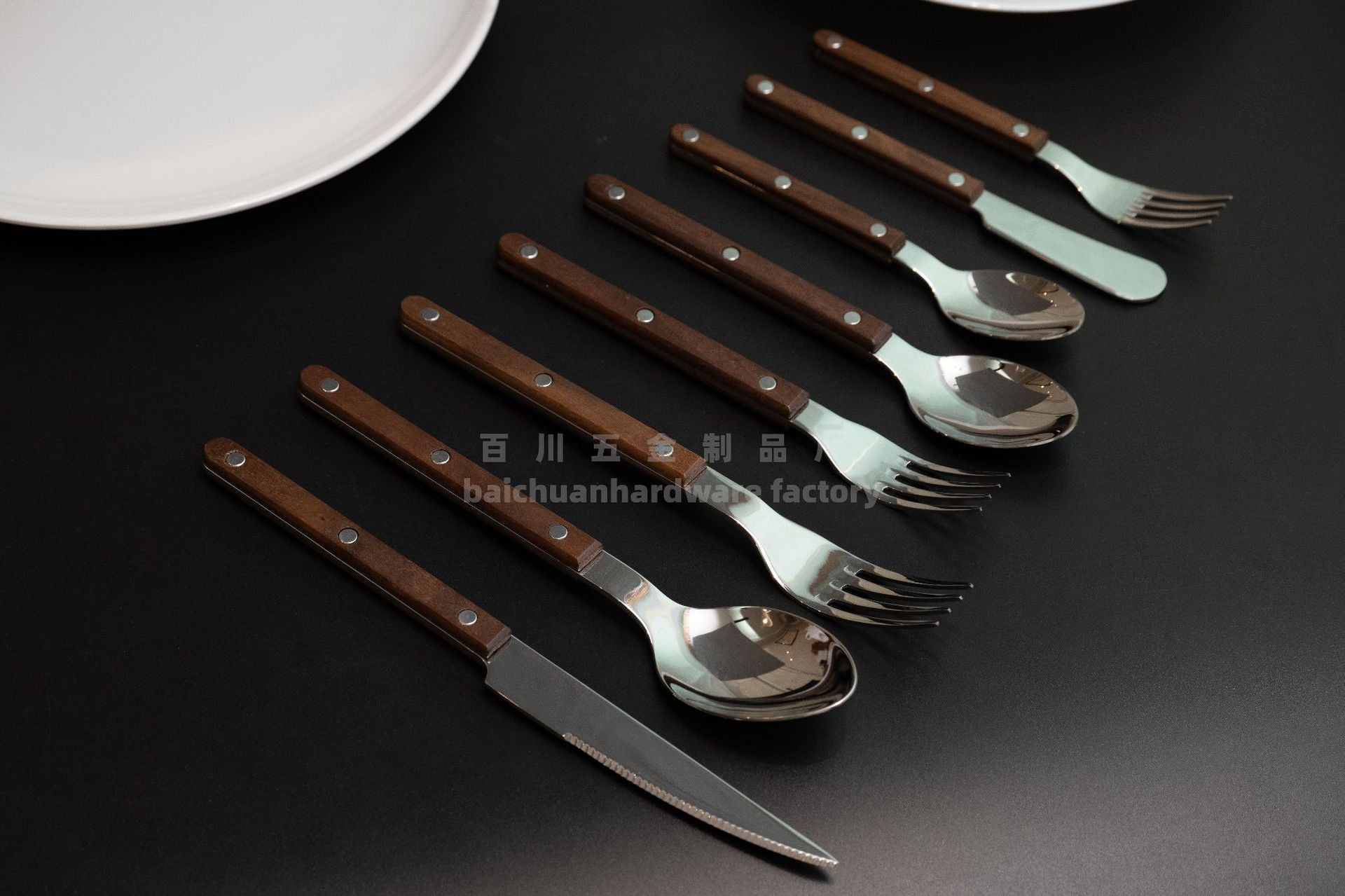 French Style Solid Wood Walnut Handle Western Cutlery Stainless Steel Knife Fork Spoon Wholesale Household Kitchen Western Restaurant