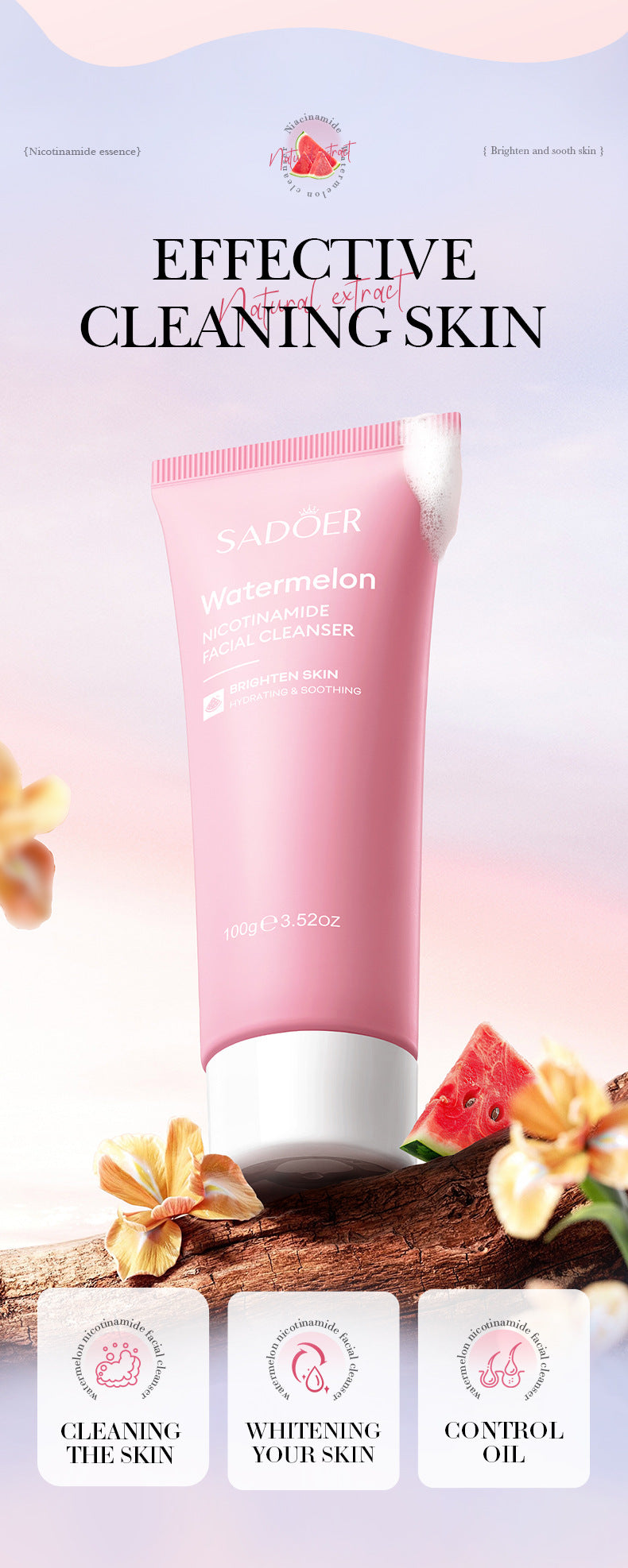 Niacinamide Watermelon Facial Cleanser SADOER Deep Cleansing Facial Cleanser Cross-Border Wholesale