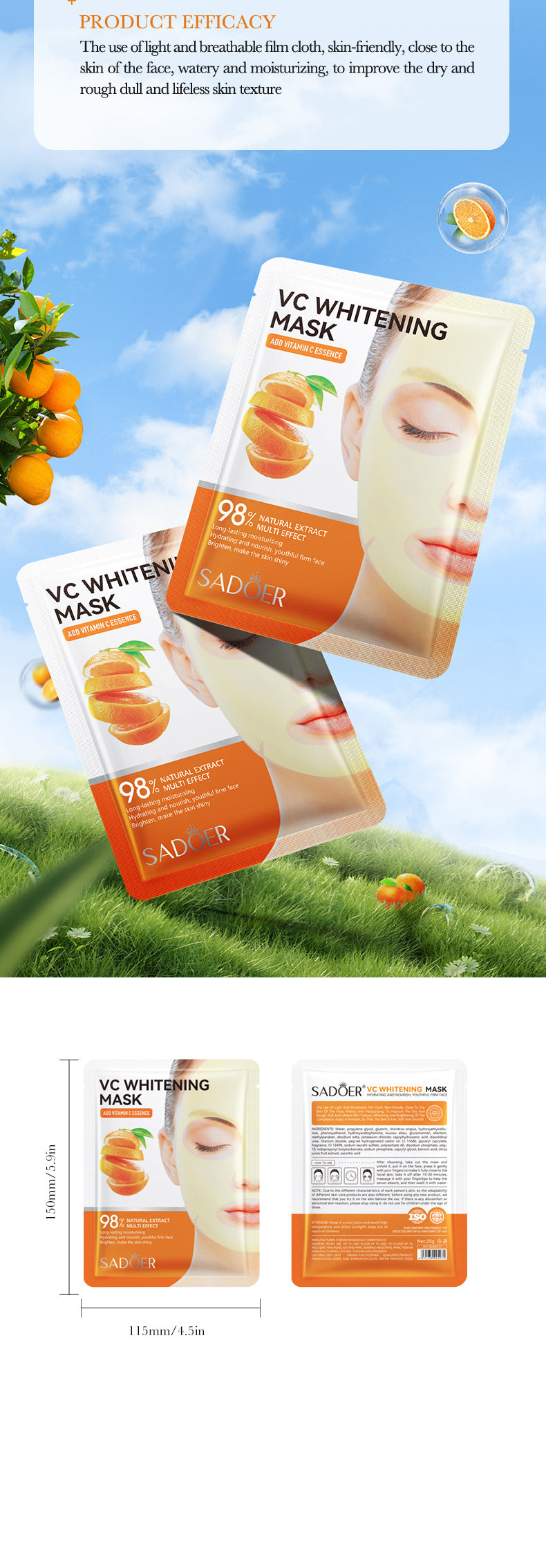 Facial Mask25g SADOER Aloe Vera VC Moisturizing and Rejuvenating Face Mask Sheet Pack for Cross-Border Wholesale