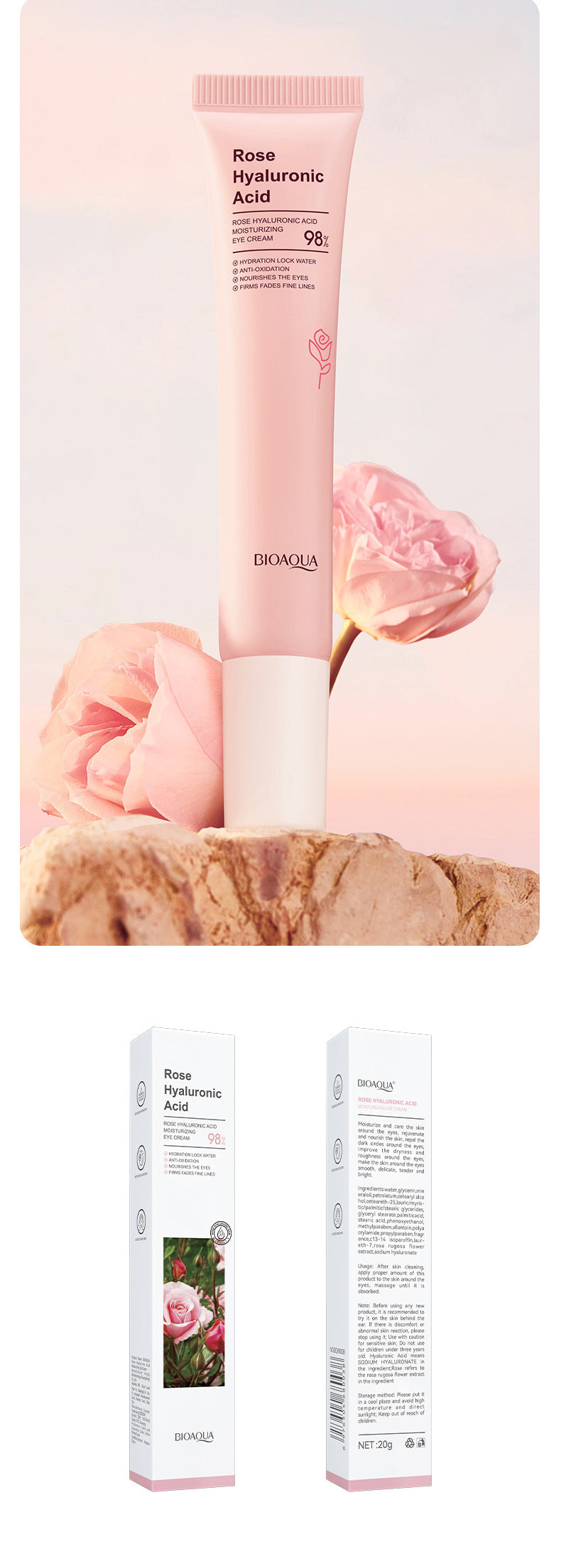 Eye Cream20gBIOAOUA Rose Rice Hyaluronic Acid Lightens Dark Circles and Eye Wrinkles Cross-Border Wholesale