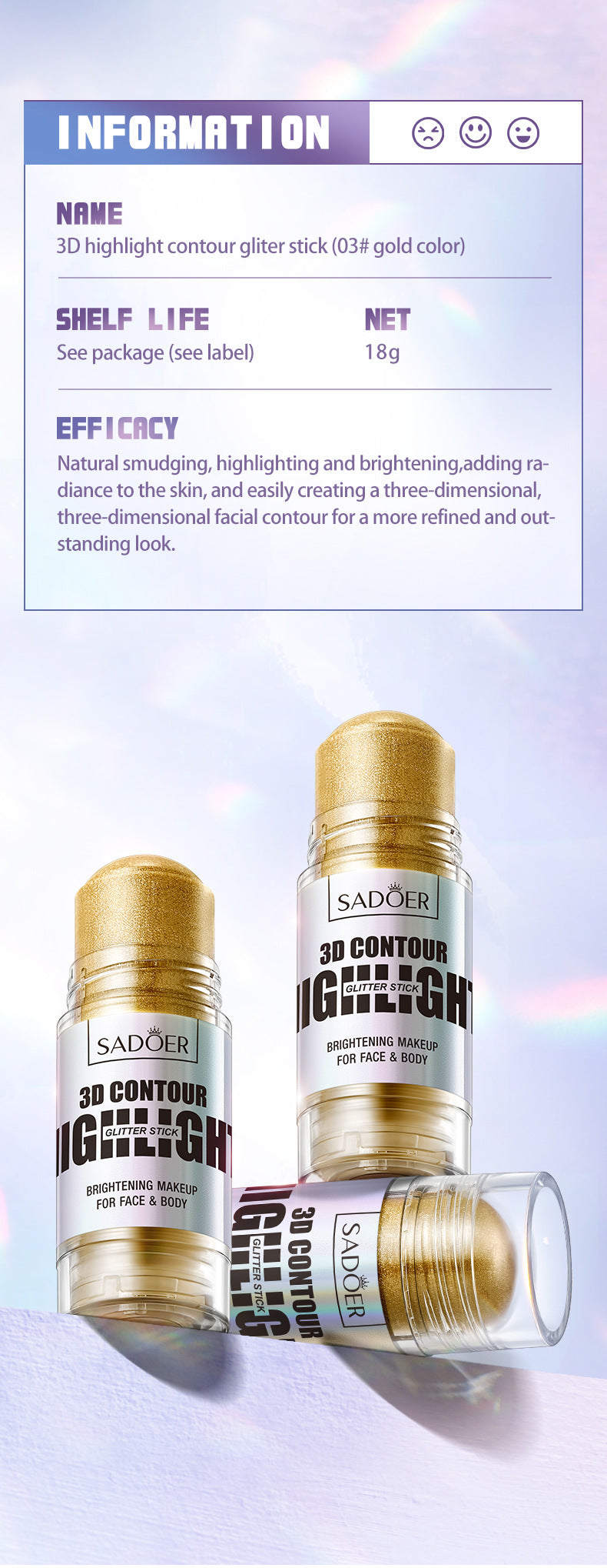 Bright Colors3D Highlighter SADOER Contouring and Shaping Makeup Highlight Stick Cross-Border Wholesale