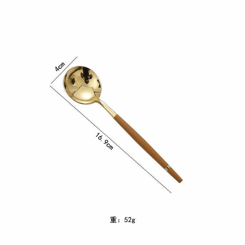 304Stainless Steel Portuguese Tableware Creative Lathe Craft Glossy Mirror Black Gold Round Spoon Dessert Spoon Fork