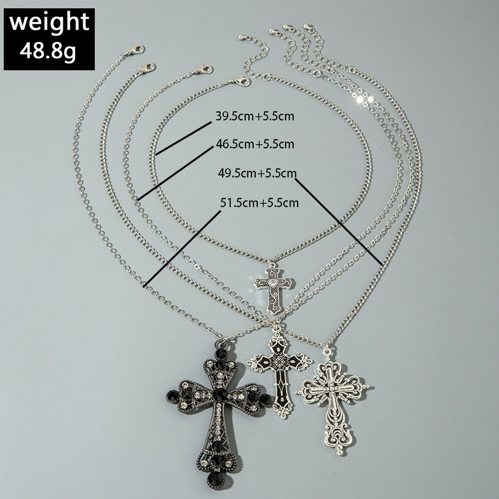 European and American Retro Hollow Diamond Cross Pendant Necklace Gothic Style Black Layered Wear Y Type Necklace