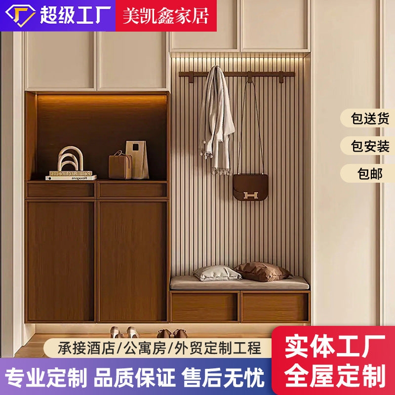 Meikexin French Style Solid Wood Entryway Shoe Rack and Coat Rack with Shoe Changing Stool, Multi-Functional Integrated Wall-Mounted Whole House Customization System