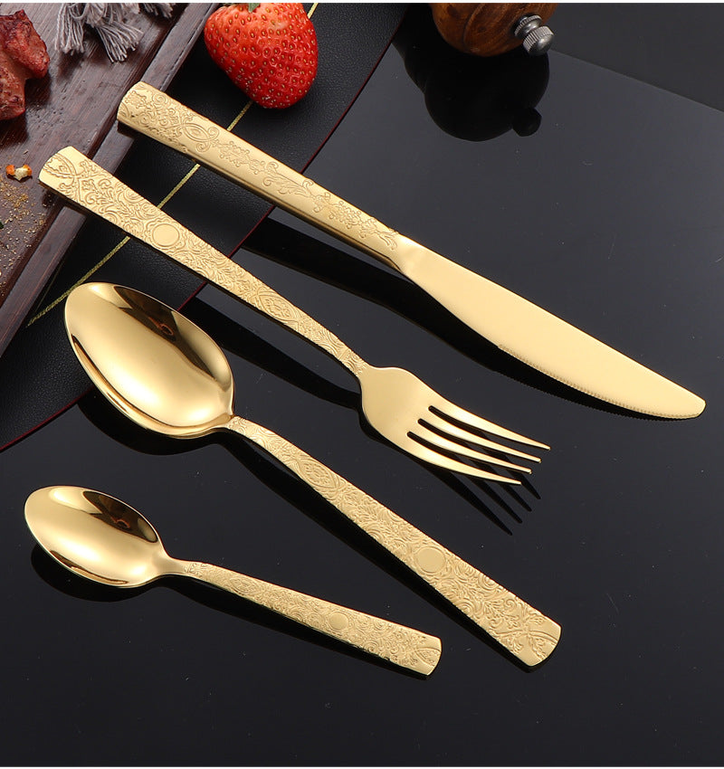 410Stainless Steel Tableware Hotel Restaurant Totem Pattern Knife Fork Spoon Four-Piece Set Western Steak Knife Fork24Set