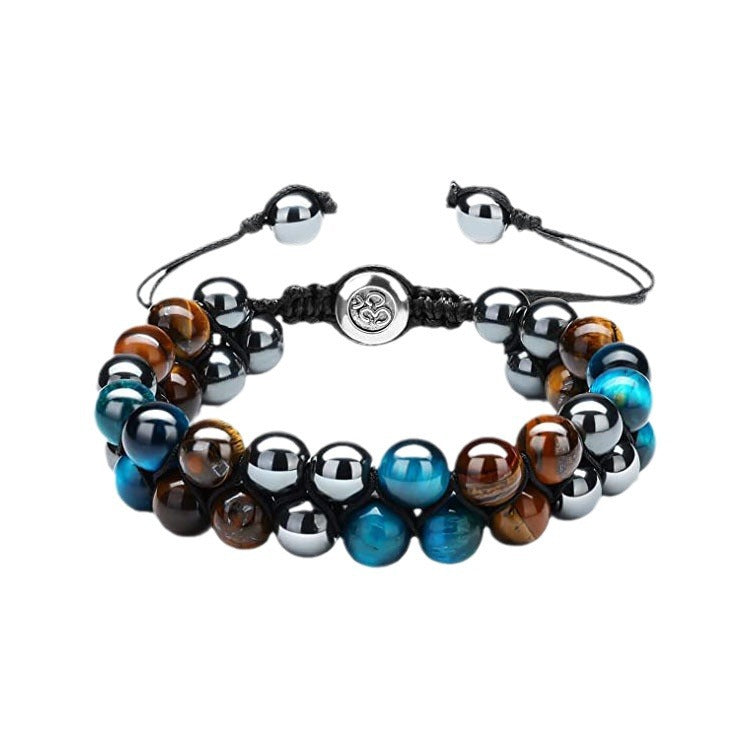 Men's Double Layer Braided Bracelet with Shiny Magnetic Stone Natural Stone Tiger Eye Double Row Braided Bracelet