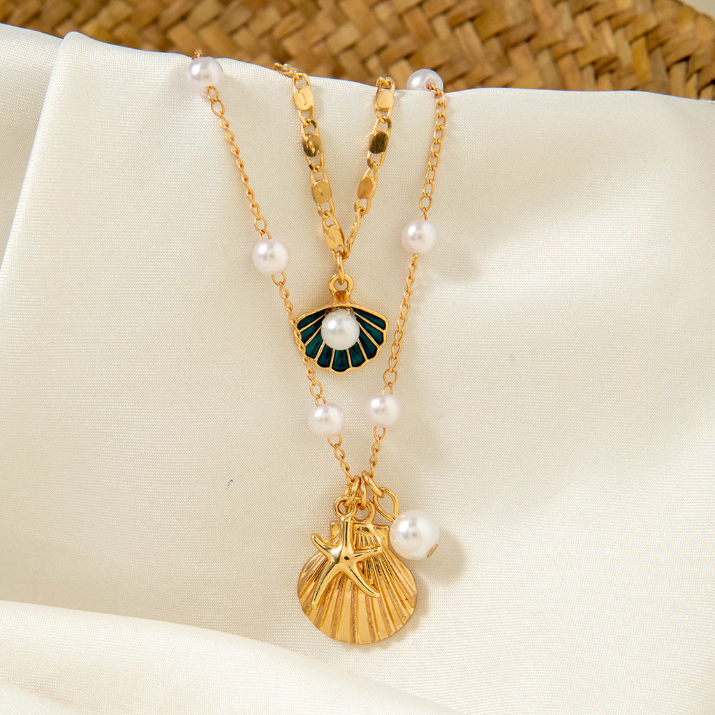 Jewelry Beaded Necklace Beach Imitation Pearl Necklace Starfish Shell Retro Vacation Small Multi-layer Necklace for Women