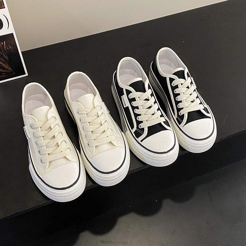 Internet Celebrity Thick-Soled Biscuit Canvas Shoes for Women2025New Spring and Autumn Versatile Breathable Casual White Sneakers