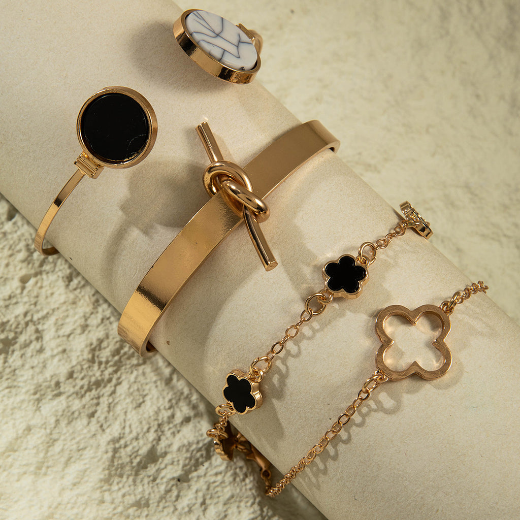 European and American Fashion Alloy Inlaid Diamond Five-Leaf Clover Bracelet Jewelry Three-Piece Set Simple Geometric Smooth Bracelet Wholesale