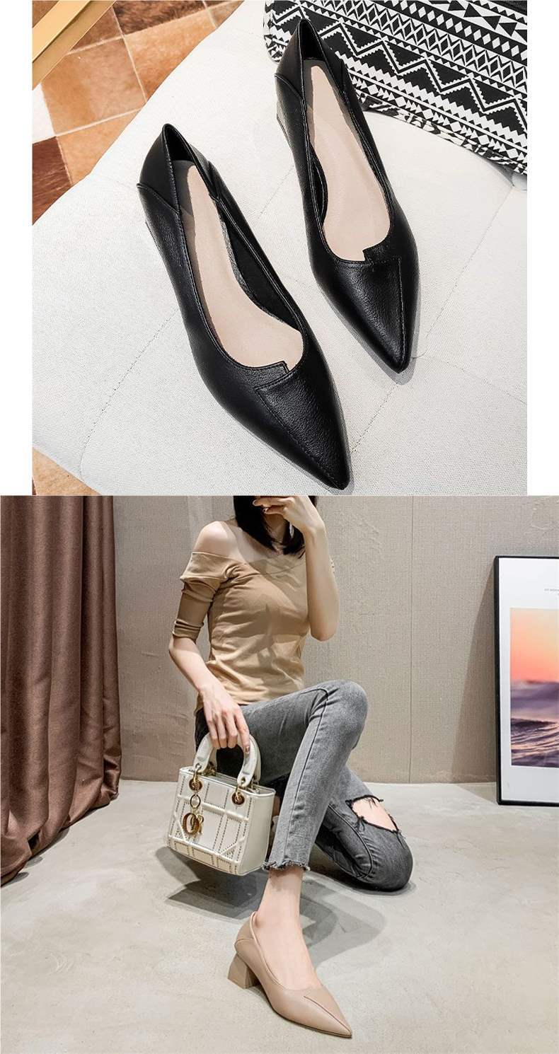 Real Soft Leather Autumn New Style Women's Single Shoes Thick Heel Shallow Mouth High Heels Korean Style Mom Shoes Mid Heel Versatile Grandma Shoes