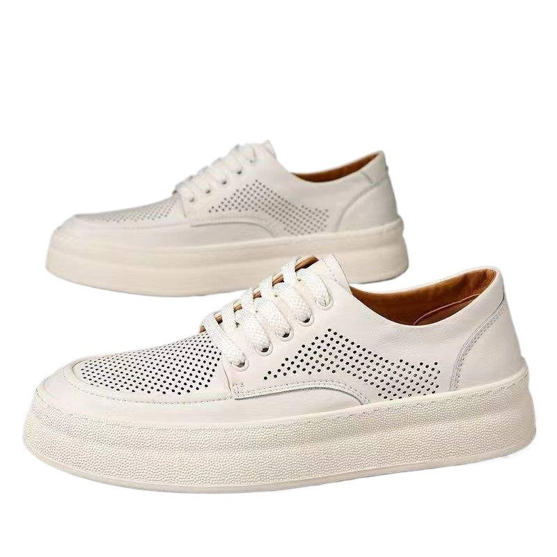 Men's Summer Height-Increasing Thick-Soled Breathable Odor-Resistant Trendy Versatile Genuine Soft Leather Couple's White Shoes Hole Shoes