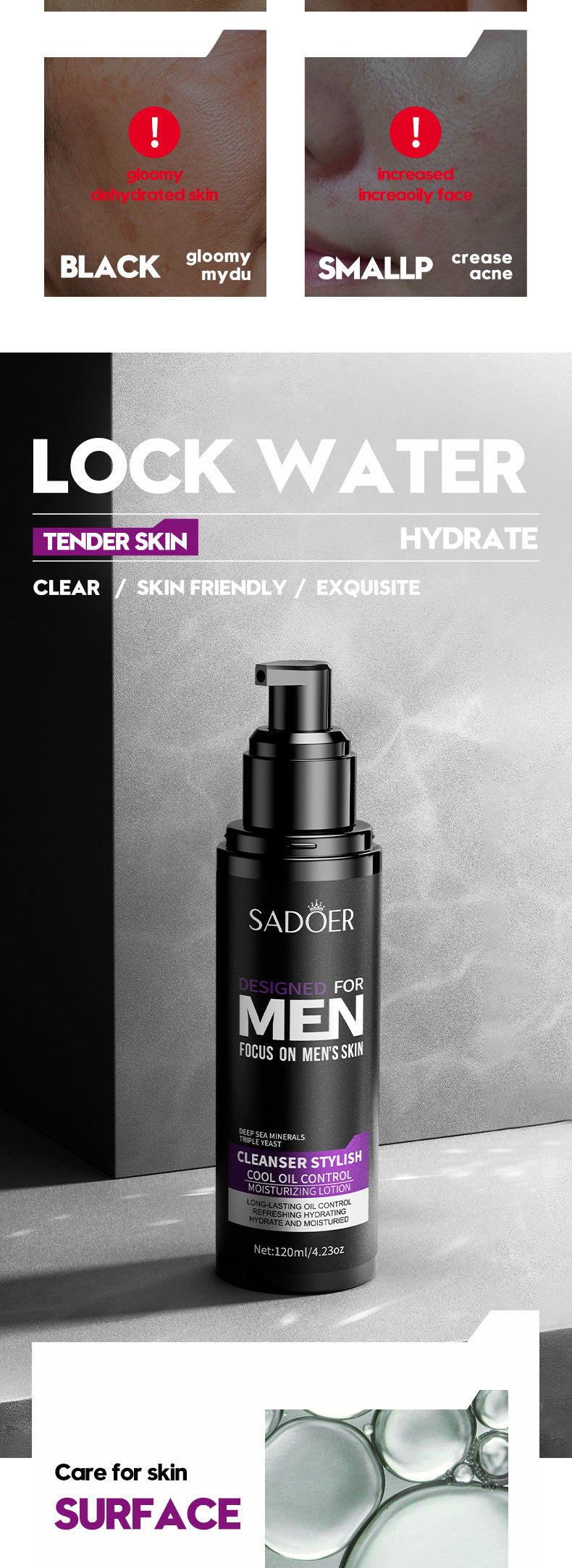Men's lotion SADOER Cool and Refreshing Men's Vaseline Hydrating Toner Lotion Cross-Border Wholesale