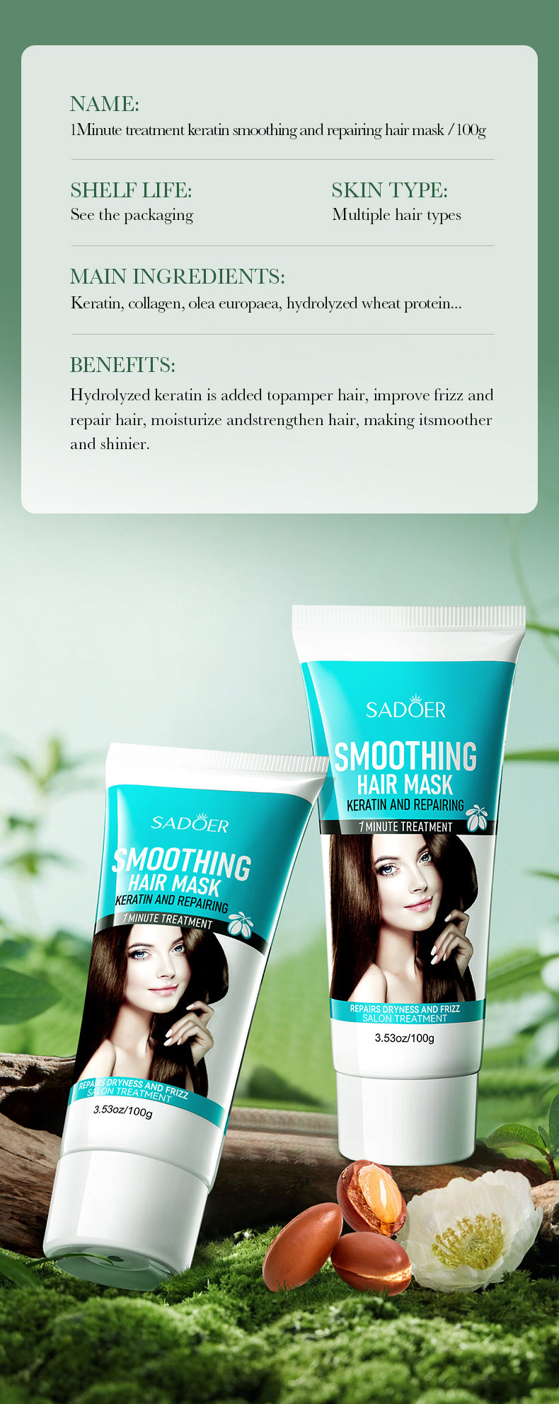 Baked Keratin Hair Mask100g SADOER Smooth Repair Improve Frizz Foreign Trade Cross-Border Wholesale