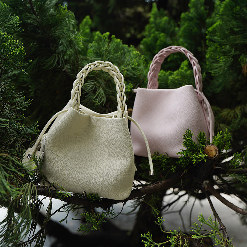 European Style New Top Layer Cowhide Bucket Bag High-Quality Genuine Leather Fashion Women's Handbag Tote Shoulder Crossbody Bag Woven