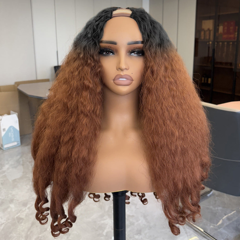 Africa YAKI Curl Synthetic Hair V part Wig Top of Head Hollow Out