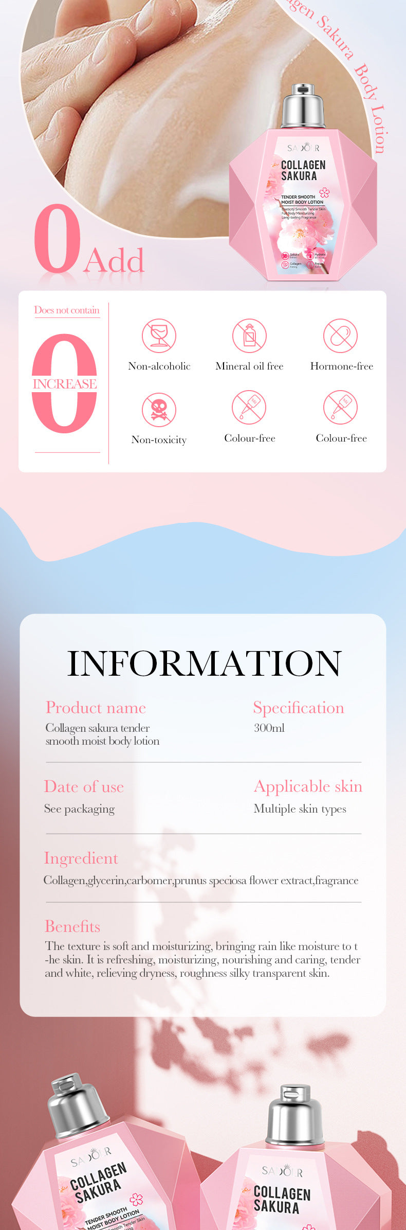 Sakura Body Lotion300ml SADOER Collagen Tender and Smooth Skin Lotion Cross-Border Wholesale