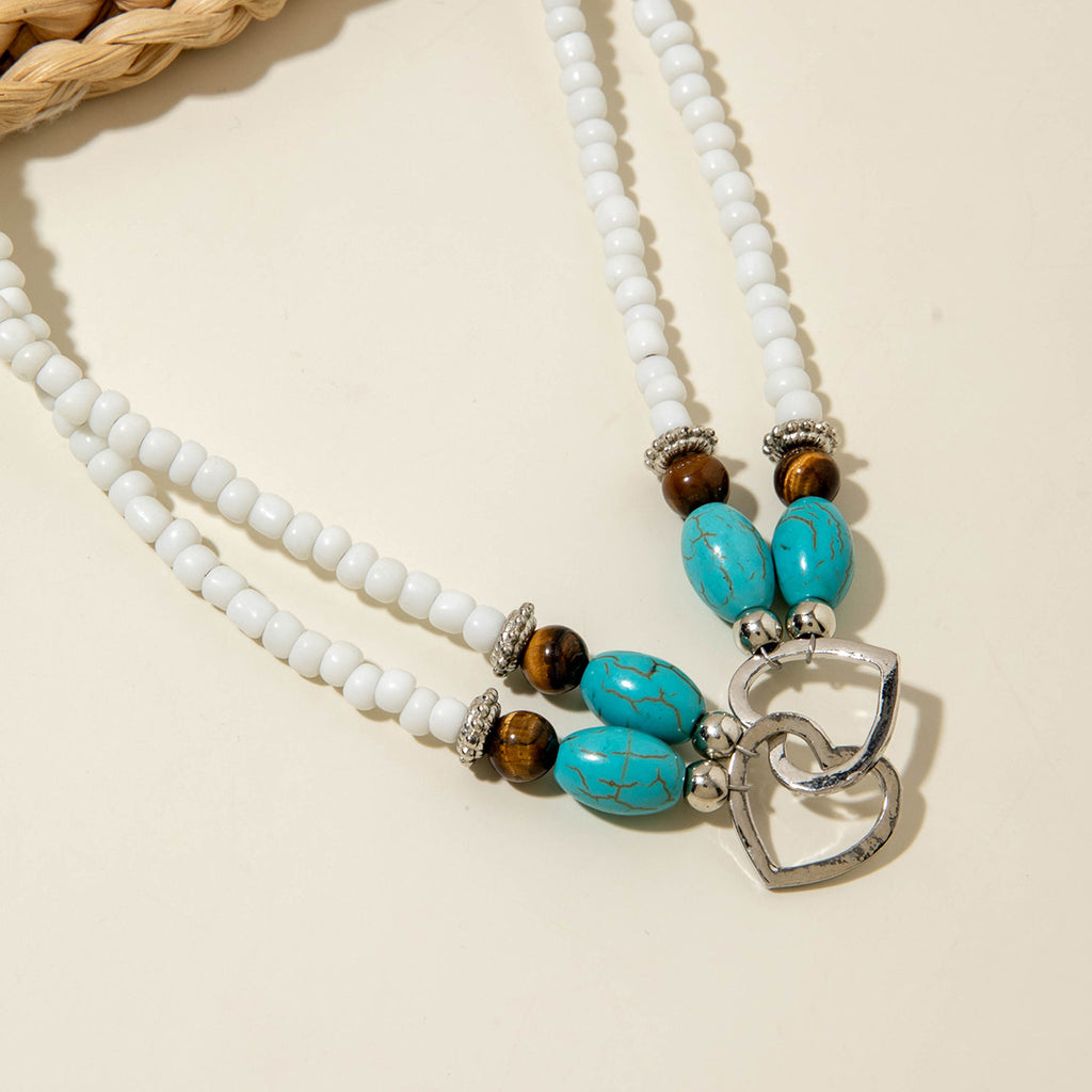 Wholesale Bohemian Vacation Style Rice Bead Turquoise Jewelry Set Metal Heart Jewelry