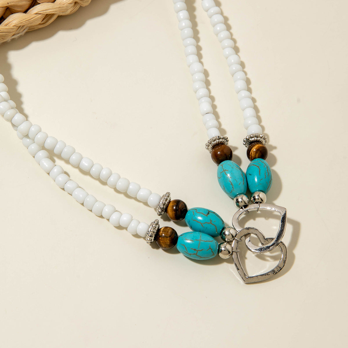 Wholesale Bohemian Vacation Style Rice Bead Turquoise Jewelry Set Metal Heart Jewelry