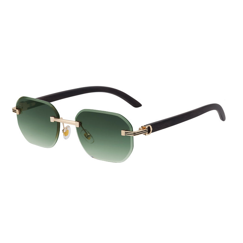 Frameless Glasses for Men High-End European and American Retro Imitation Wood Grain Temple Sunglasses UV Protection Personality Sunglasses