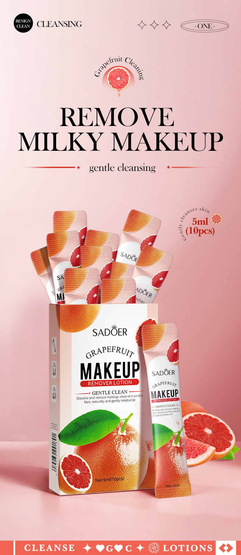 Cross-border Grapefruit Makeup Remover5mlx10pcs Refreshing Gentle Cleansing Care Clean Makeup Remover Export Manufacturer Wholesale
