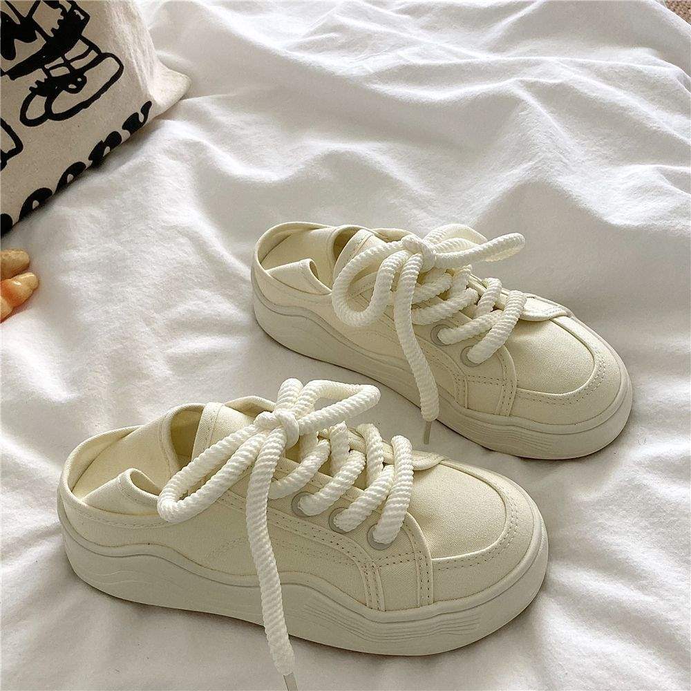 Honeydew Green~!Niche chic Korean Style Two-Way Canvas Shoes for Women, Summer Breathable Thin Versatile Thick-Soled White Shoes