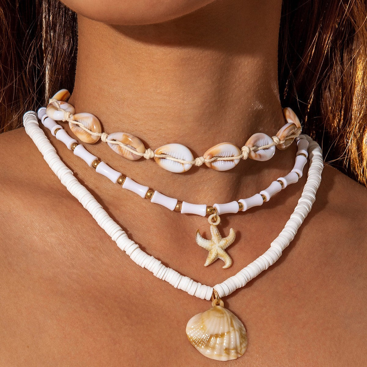 Jewelry Beaded Necklace Beach Imitation Pearl Necklace Starfish Shell Retro Vacation Small Multi-layer Necklace for Women