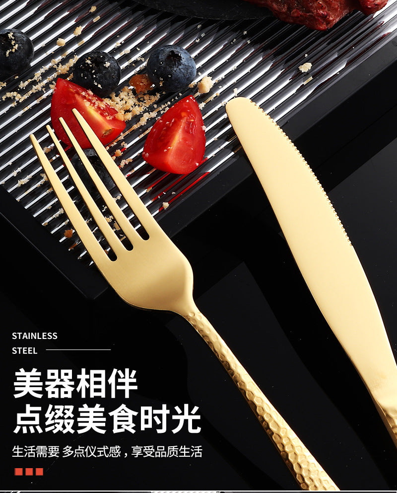 410Stainless Steel Cutlery Restaurant Western Hammered Square Handle Knife Fork Spoon Set Hotel Home Steak Knife Fork