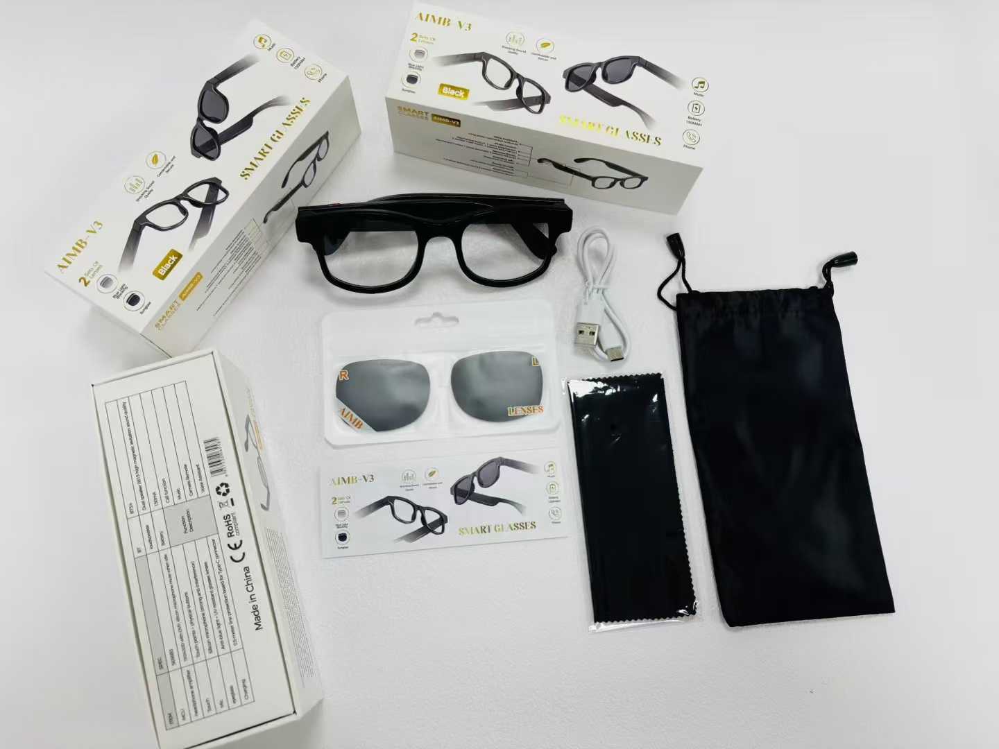 V1 Pro Smart Glasses Support Bluetooth Call Music Cut Song Voice Assistant Outdoor Sports Black Sunglasses