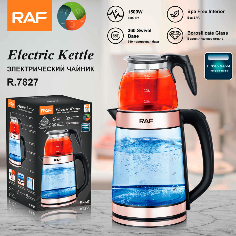 RAF European Standard Double-Layer Electric Kettle High Borosilicate Glass Blue Light Steam Teapot Health Multi-Functional
