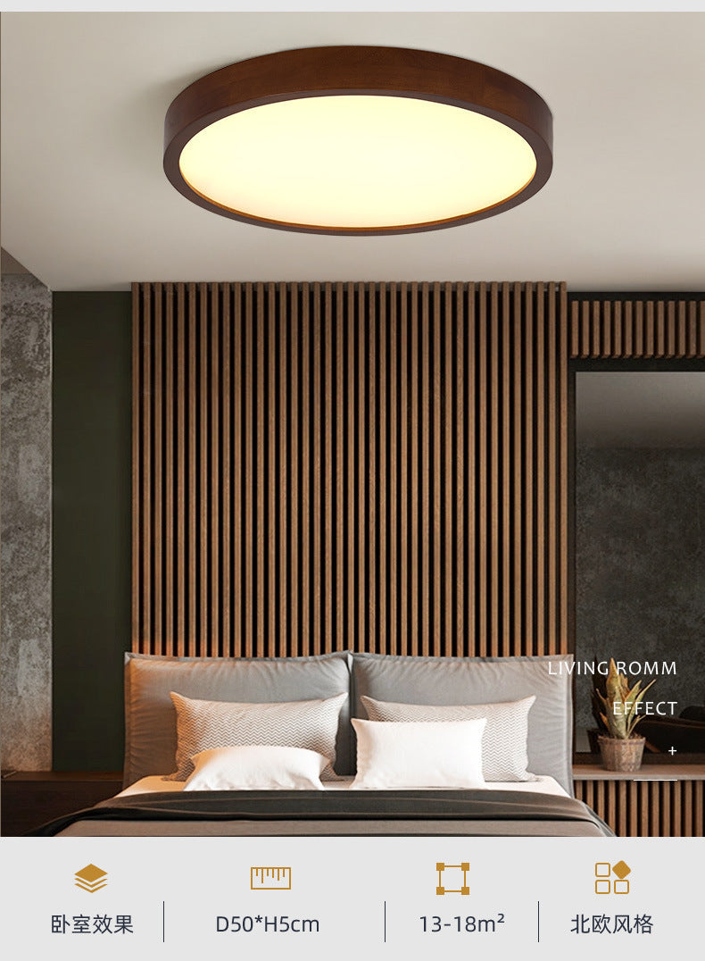New Chinese Style Ceiling Light for Bedroom, Round Modern Simple Walnut Color Solid Wood Nordic Room LED Lamp